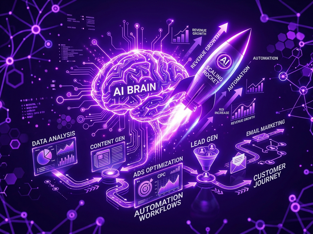 Ilustração em violeta de inteligência artificial e fluxos de automação.